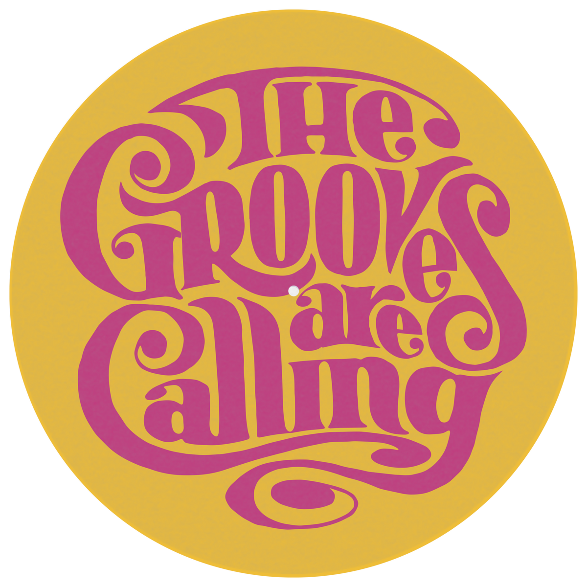 The Grooves Are Calling yellow and magenta artwork felt DJ slipmat displayed on a Technics turntable