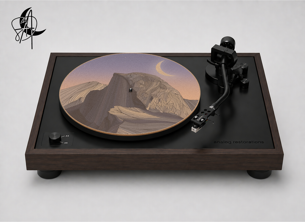 Half Dome line artwork beneath a twilight sky and crescent moon on a cork turntable platter mat
