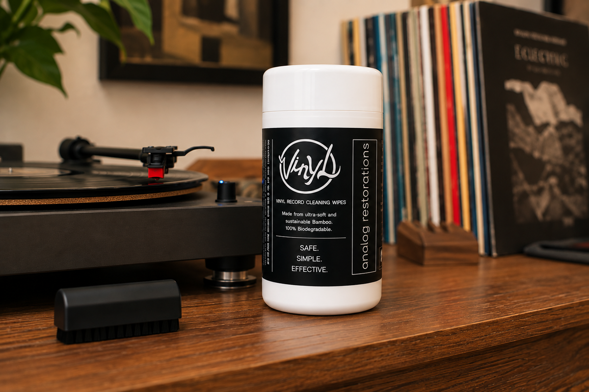 Record Prep pre-saturated biodegradable vinyl record cleaning wipes in a recyclable canister