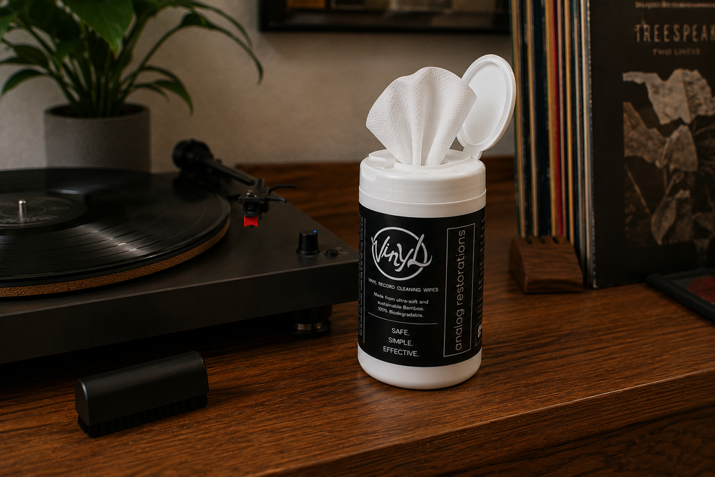 Record Prep vinyl cleaning wipes shown with their recyclable storage canister