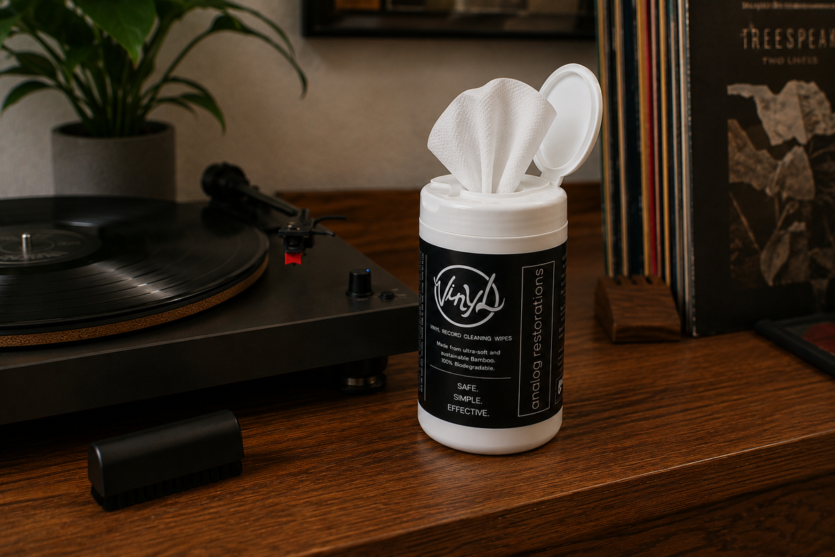 Record Prep vinyl cleaning wipes shown with their recyclable storage canister