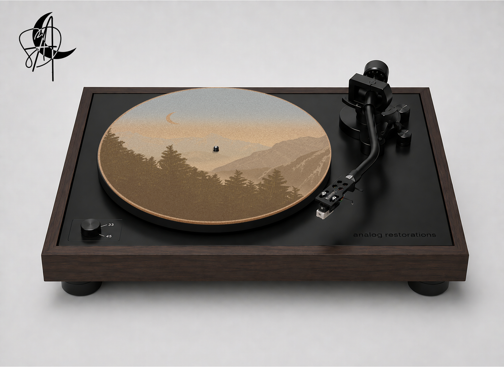 Layered mountains, evergreens and a crescent moon on the Morning Mist cork turntable platter mat
