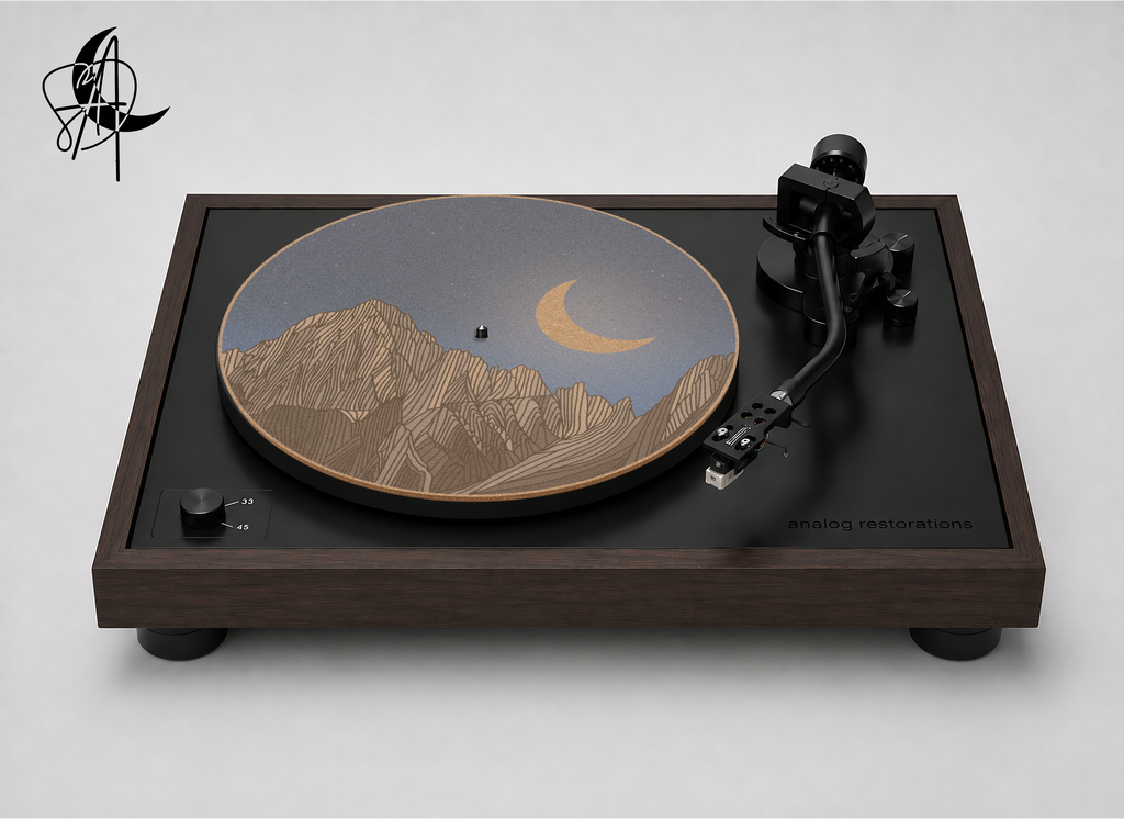 Mt. Whitney beneath a starry blue sky and crescent moon on a cork turntable platter mat