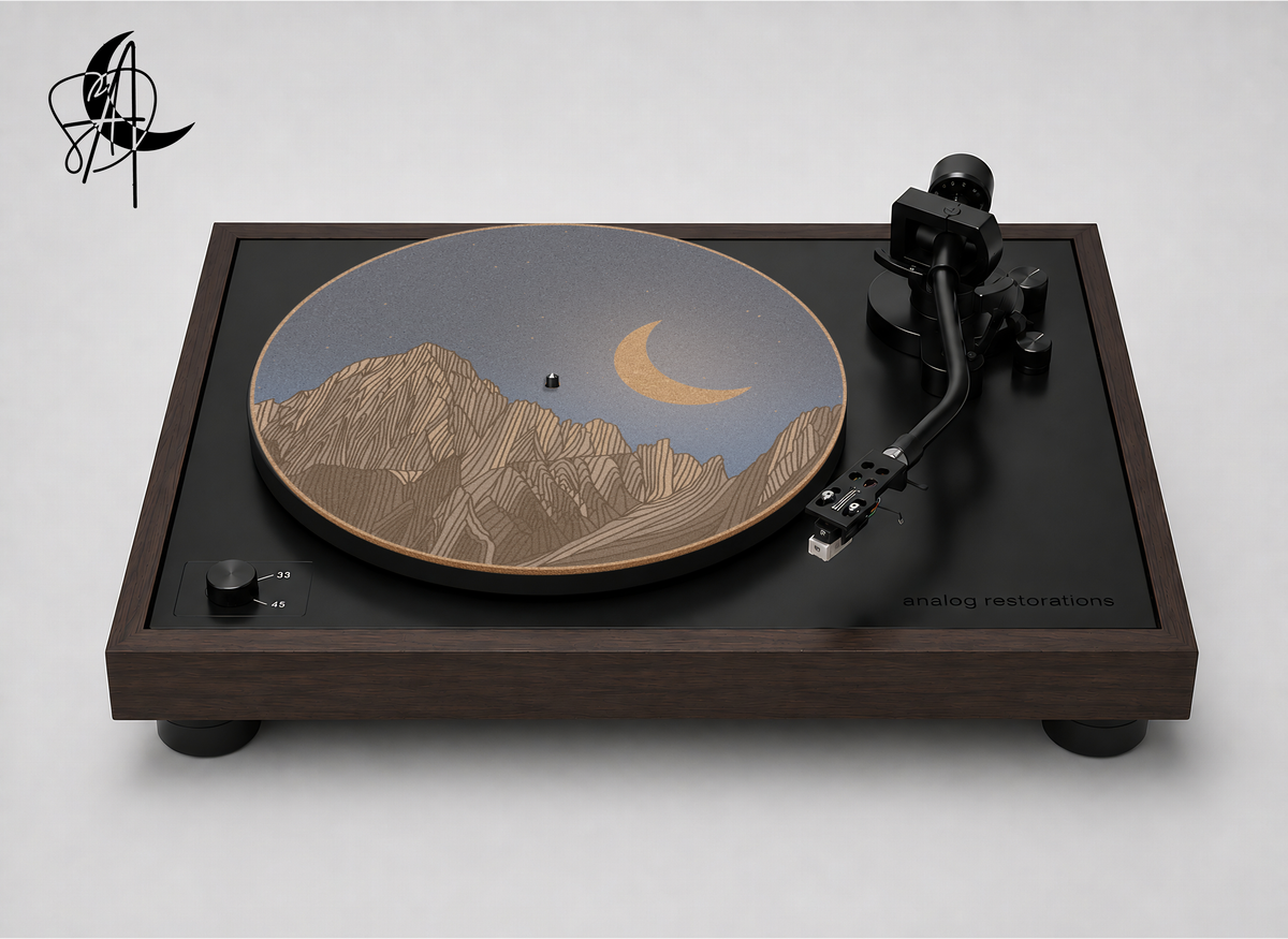 Mt. Whitney beneath a starry blue sky and crescent moon on a cork turntable platter mat