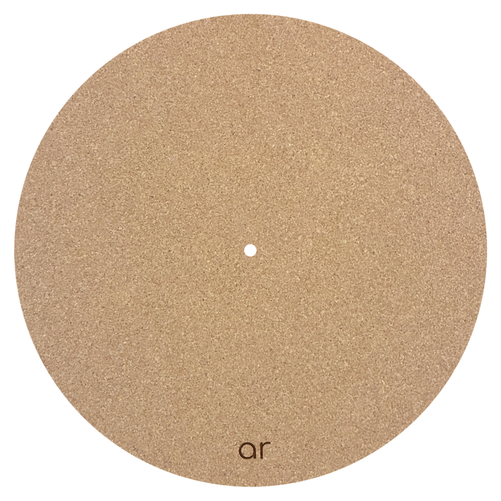 compact AR logo cork turntable platter mat displayed on a turntable