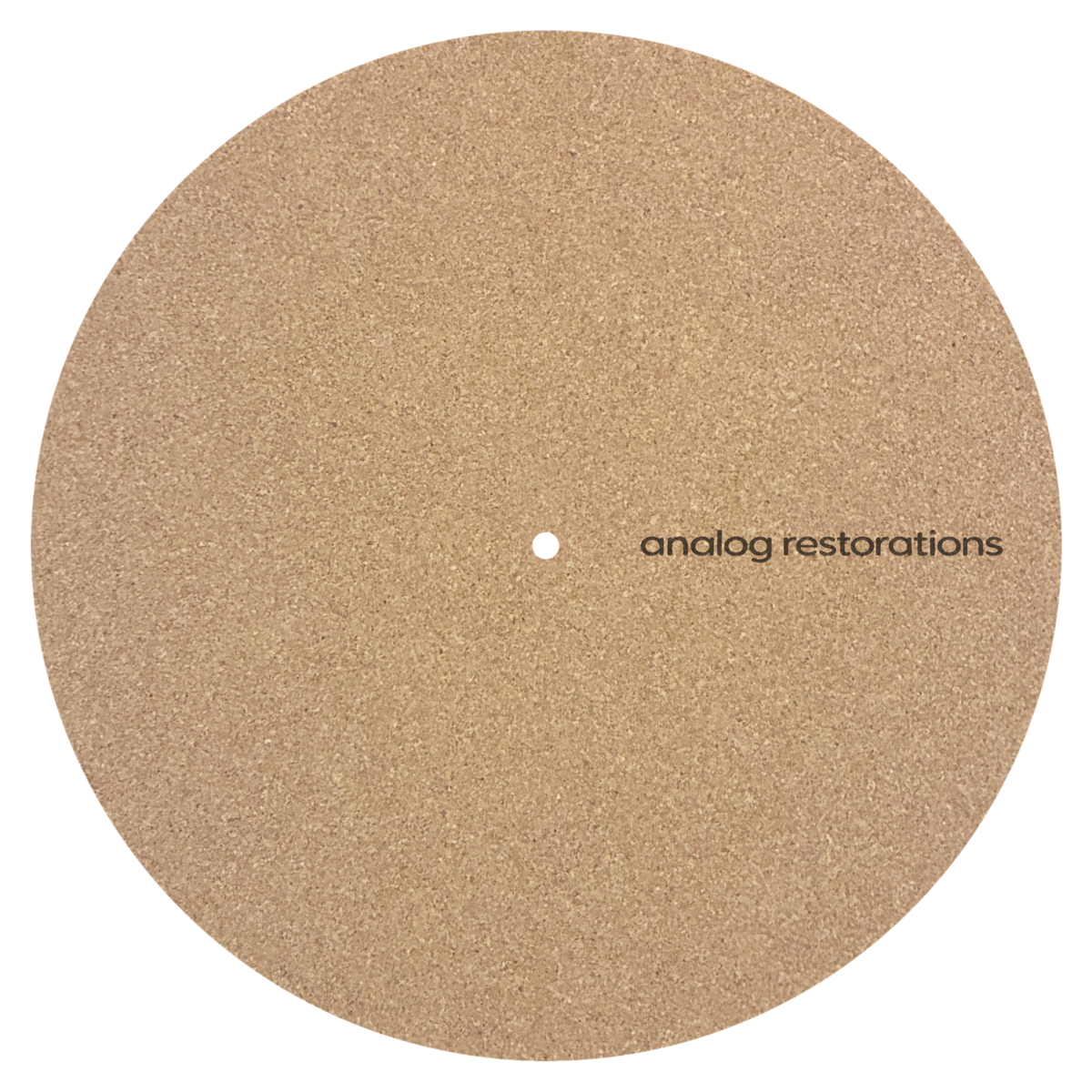 Analog Restorations logo cork turntable platter mat displayed on a turntable