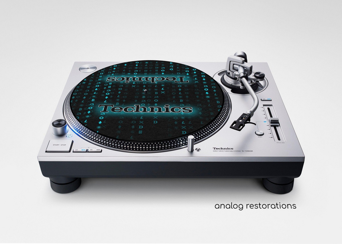 Crypto-themed 12-inch felt DJ slipmat designed for Technics turntables